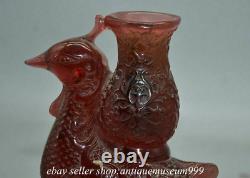 6.8 Rare Chinese Red Amber Carving Palace Phoenix Bird Zun Bottle Statue