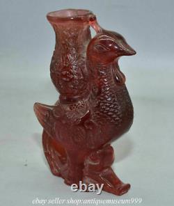 6.8 Rare Chinese Red Amber Carving Palace Phoenix Bird Zun Bottle Statue