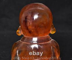6 Old China Red Amber Carved Buddhist monk shaveling Heshang Buddha Statue