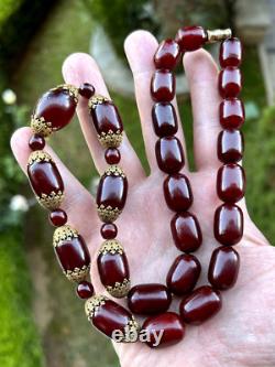 74.5 Grams Antique Faturan Cherry Amber Bakelite Beads Necklace Marbled
