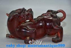 7.2'' Ancient China Red Amber Hand Carved Feng Shui Dragon Beast Lucky Statue