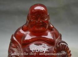 7.2 Chinese Buddhism Red Amber Carved Seat Happy Laugh Maitreya Buddha Statue