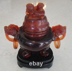 7.5 Rare Chinese Red Amber Bakelite Carving Foo Dog Censor Sculpture
