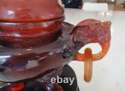 7.5 Rare Chinese Red Amber Bakelite Carving Foo Dog Censor Sculpture