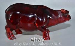 7.6 China Red Amber Carved Fengshui Animal Cattle Wealth Statue Sculpture