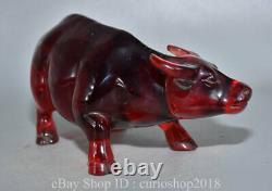 7.6 China Red Amber Carved Fengshui Animal Cattle Wealth Statue Sculpture