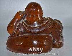7.6 Old Chinese Red Amber Carved Buddhism Happy Laugh Maitreya Buddha Statue