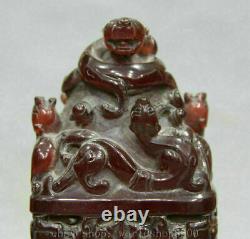 7 Chinese Red Amber Carving Palace Dragon Beast pixiu Seal Stamp Signet