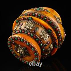 7. Rare China antique Tibet amber Inlaid gemstone pot