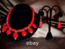 7 Red Coral Disk Pendant Heishi Bead Bali Daisy Sterling Silver Bib Necklace