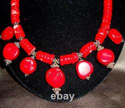 7 Red Coral Disk Pendant Heishi Bead Bali Daisy Sterling Silver Bib Necklace