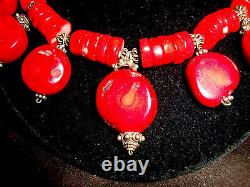 7 Red Coral Disk Pendant Heishi Bead Bali Daisy Sterling Silver Bib Necklace