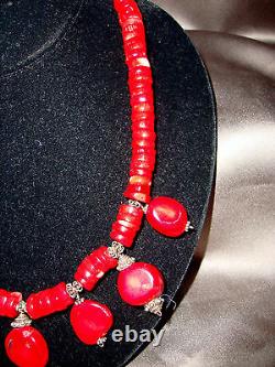 7 Red Coral Disk Pendant Heishi Bead Bali Daisy Sterling Silver Bib Necklace