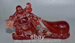 8.2 China Red Amber Carved Happy Laugh Maitreya Buddha Money bag Statue