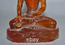 8.4 China Red Amber Carved longevity Guanyin Kwan-Yin Goddess Lotus Sit Statue
