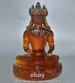 8.4 China Red Amber Carved longevity Guanyin Kwan-Yin Goddess Lotus Sit Statue
