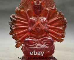 8.4 Chinese Red Amber Carved 1000 Arms Kwan-Yin Guan Yin Boddhisattva Statue