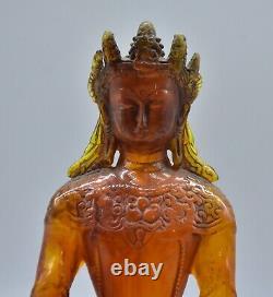 8.4 Old China Red Amber Carved Amitayus longevity God Goddess Statue Sculpture