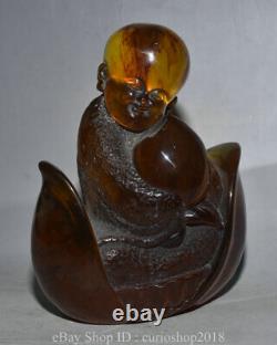 8.4 Old Chinese Red Amber Carved Buddhism Tongzi Heshang Buddha Peach Statue