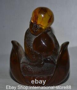 8.4 Rare Old Chinese Red Amber Carving Feng Shui Yixiu Little Monk Peach Statue