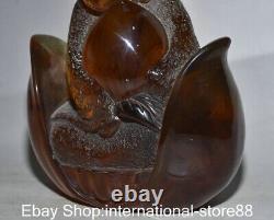 8.4 Rare Old Chinese Red Amber Carving Feng Shui Yixiu Little Monk Peach Statue