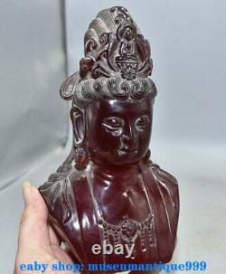 8'' Ancient Chinese Red Amber Hand Carved Guanyin Kwan-yin Lucky Bust Statue