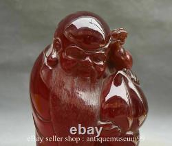 8 Chinese Red Amber Carved Shouxing long life longevity God Peach Statue