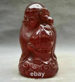8 Chinese Red Amber Carved Shouxing long life longevity God Peach Statue