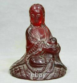 8 Chinese Red Amber Carving Seat Kwan-yin Guan Yin Goddess Statue Sculpture