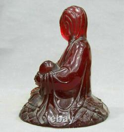 8 Chinese Red Amber Carving Seat Kwan-yin Guan Yin Goddess Statue Sculpture