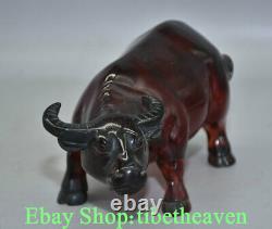 8 Rare Chinese Red Amber Carving Feng Shui Bull Oxen OX Luck Sculpture