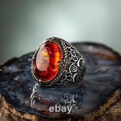925 Sterling Silver Oval Cut Amber Stone Vav Embroidered Men's Ring Islamic Ring