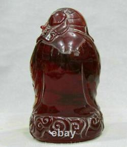 9 Chinese Red Amber Carving Feng Shui God of longevity Hold Peach Sculpture