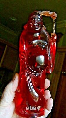 ANTIQUE 19 c OLD CHINESE AMBER CARVED IMMORTAL STATUE