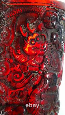 ANTIQUE 19c CHINESE GENUINE CHERRY AMBER HAND CARVED 18 FIGURES&DRAGON BRUSH POT