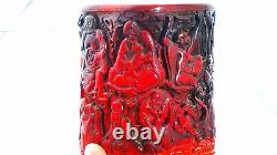 ANTIQUE 19c CHINESE GENUINE CHERRY AMBER HAND CARVED 18 FIGURES&DRAGON BRUSH POT