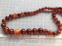 ANTIQUE 30 BAKELITE CHERRY AMBER GLOWING MARBLED ROUND BEAD NECKLACE 90g NICE