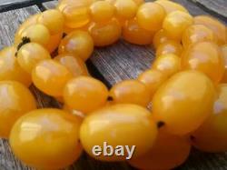 ANTIQUE CHERRY YELLOW AMBER BAKELITE ISLAMIC BEADS NECKLACE 95.6gr WITH Veins