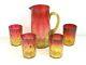 Antique Victorian Amberina Glass Pitcher Amber Reed Handle & 4 Cups Tumblers