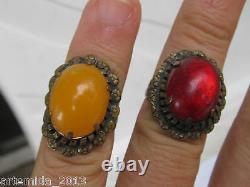 A Lot of Two ANTIQUE Bronze Rings with Natural Amber Egg Yolk & Red color