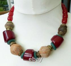 African Necklace, Cherry Amber Resin Beads, Mali Clay Spindle Whorls