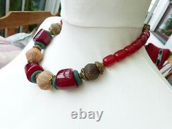 African Necklace, Cherry Amber Resin Beads, Mali Clay Spindle Whorls