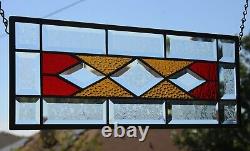 Amber-Red Beveled Stained Glass Window Panel, Ready to Hang 19 1/2 X 7 1/2