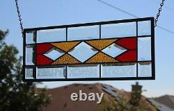 Amber-Red Beveled Stained Glass Window Panel, Ready to Hang 19 1/2 X 7 1/2