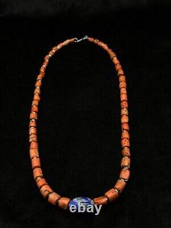 Ancient Beautiful Red Natural Coral And Old Carved Lapis Lazuli Beaded Necklace