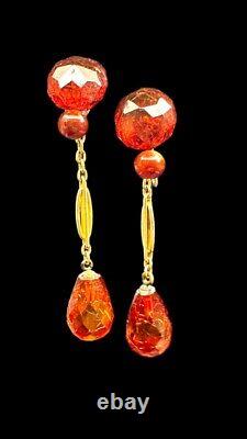 Antique 10k Gold & Faceted Gem Grade Cognac (& Cherry) Amber Dangle Earrings