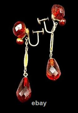 Antique 10k Gold & Faceted Gem Grade Cognac (& Cherry) Amber Dangle Earrings