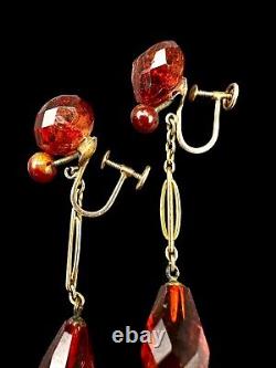 Antique 10k Yellow Gold & Faceted Cognac (& Cherry) Amber Dangle Earrings