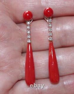 Antique 14k Undyed Ox Red Italian Coral Tear Drop W Diamond Stud Earrings