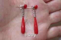 Antique 14k Undyed Ox Red Italian Coral Tear Drop W Diamond Stud Earrings